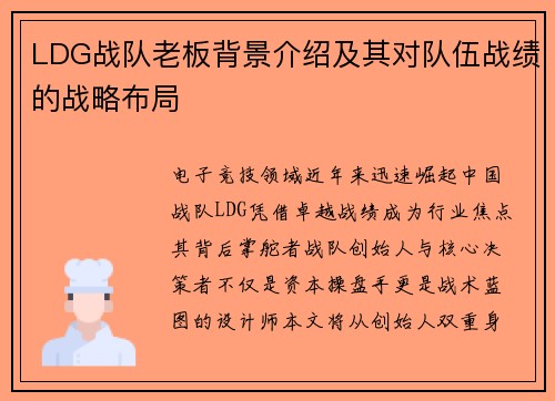 LDG战队老板背景介绍及其对队伍战绩的战略布局